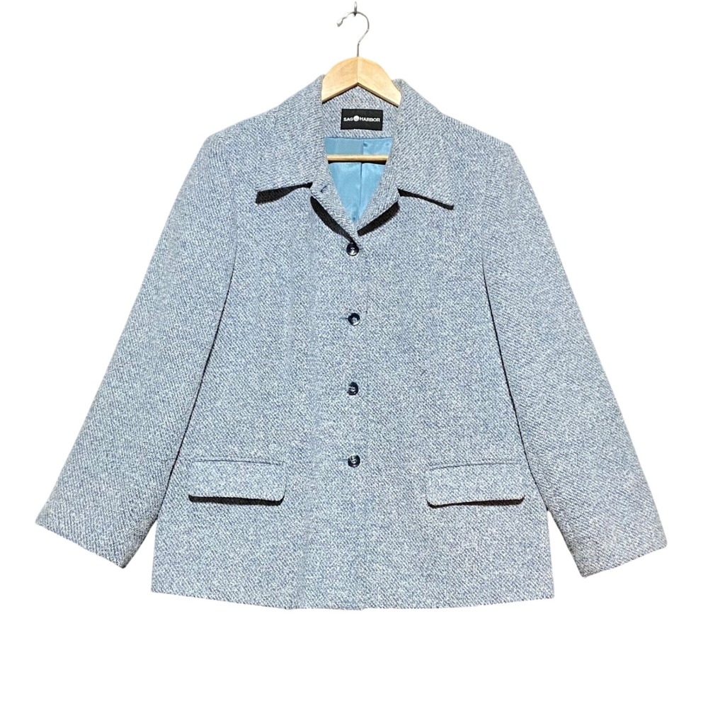 Sag Harbor Vintage Women's Blue White Textured Button Front‎ Blazer Office XL